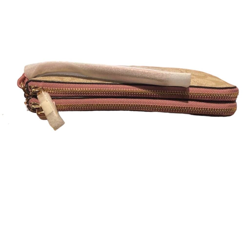 Light Khaki Coach Signature Print Double Zip Corner Wallet Gold Hardware NWT - Picture 3 of 6